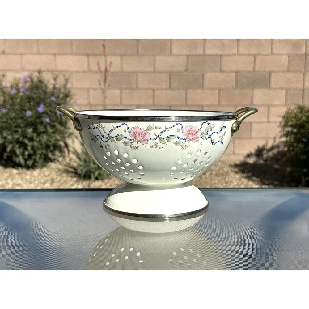 Vintage Enamel Pedestal Colander Strainer Brass Handles Pink Roses Blue Ribbon